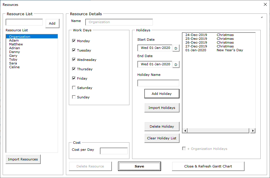 screenshot of Gantt Excel